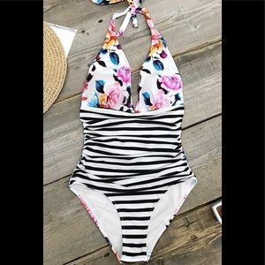 Bold Floral and Stripe Halter One Pice Swimsuit